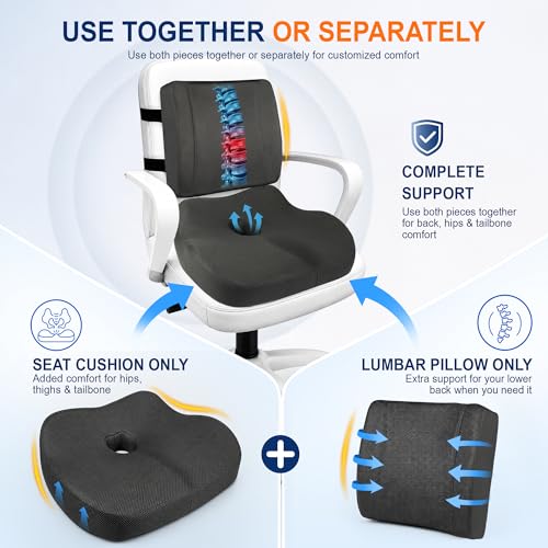 Image of Allaboutsla Seat Cushion & Lumbar Support Pillow Set: Ergonomic Memory Foam Seat Cushion and Back Support for Pain Relief, Butt Cushions and Lumbar Pillow for Car, Office Chair, Gaming - Black