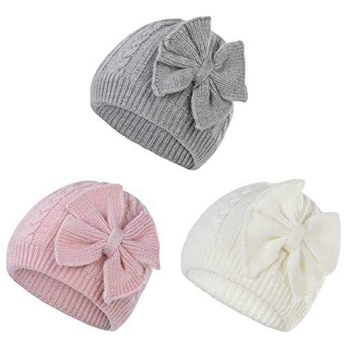 Image of Zando Newborn Baby Girls Hats with Cute Bow Warm Baby Winter Hat Knitted Infant Hat Baby Beanies for Boys Girls 0-6 Months