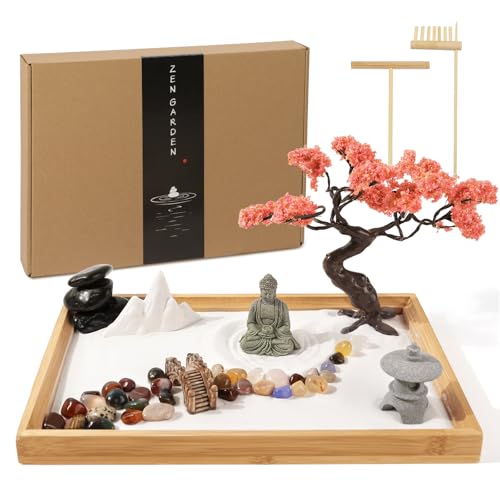 FOLKOR LIFE Mini Zen Garden for Desk Decor with White Sand 11x7.5in, Japanese Zen Garden Kit Sand Tray for Therapy Office Decor, Home Decor, Meditation Gifts (Bodhi Tree and Buddha)