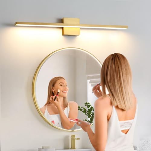 Image of Gold Bathroom Light Fixtures Over Mirror, 32 Inch Brass Bathroom Vanity Light, LED Modern Wall Sconce 3000K Bar Vanity Lights