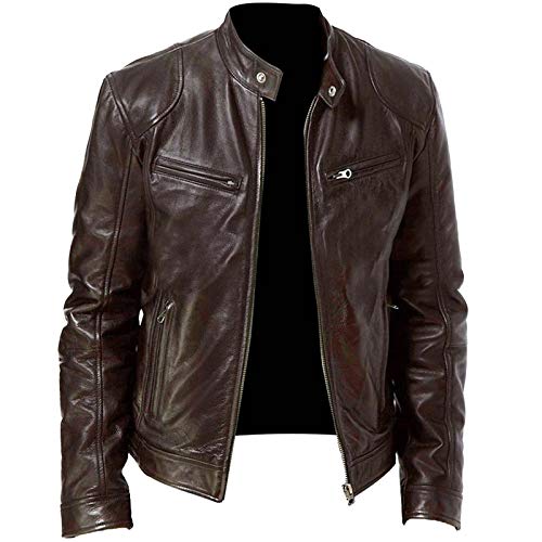 Men's Leather Biker Jacket - Vintage Leather Jacket Men Motorcycle - Stand Collar Distressed Leather Bomber Jacket Men(Brown,XX-Large)