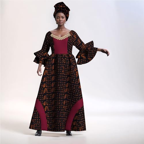 Image of iooiooi Womens African Print Party Maxi Dress Tradition Dashiki Ankara Long Dress & Headwrap