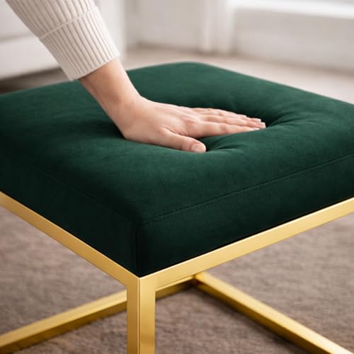 Image of Square Metal Ottoman /Sitting Stool /Living Room Furniture /Office, Velvet Footstool /Footrest Pouffes Home Decor (Set of 2 Green) - 30.48 Cm, 38 Cm