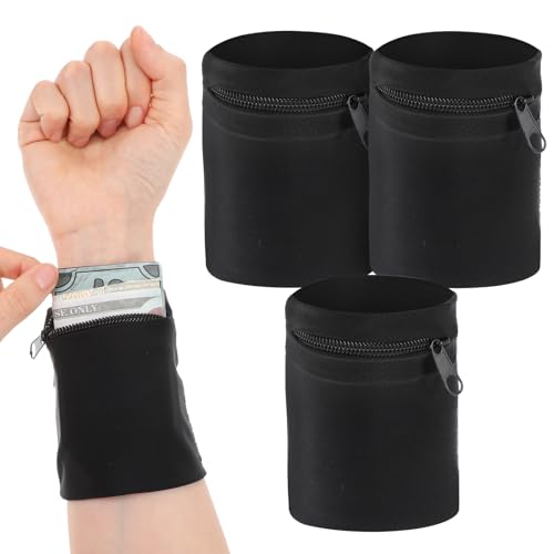 Nogeqi 4 Stück Schwarz Handgelenk Tasche Geldbörse Wristband Bag Schweißbänder, Schweißband Mit Reißverschluss, Laufen Handgelenktasche mit Tasche für Joggen Fußball Radfahren