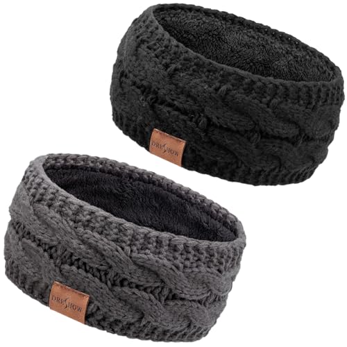 DRESHOW Damen Warm Gestricktes Stirnband Winter Ohrenwärmer Elastische Gehäkelte Kopfwickel Dickes Fleecefutter Haarbänder