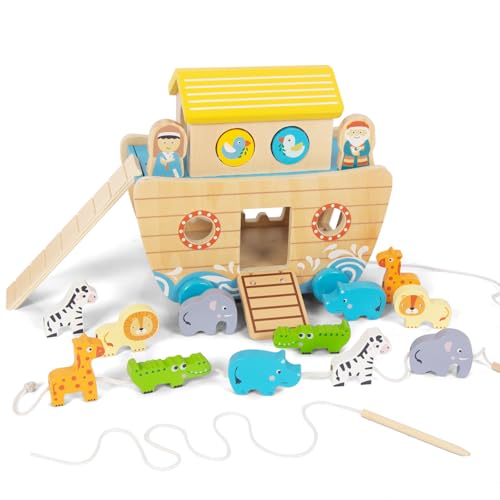 Toddlers Wooden Noah's Ark Toy Animal Playset, Shape Sorter Early Learning Montessori Toys, Baptism Gifts for 3 Boys Girls Kids