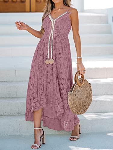 Image of CUPSHE Womens Lace Summer Maxi Dresses 2026 Beach Wear | V Neck Spaghetti Straps Sundress, Tassel, Boho Pom Poms, Flowy Vacation Outfits, Resort Wear, Graduation Wedding Guest Looks