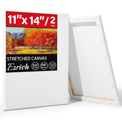 ESRICH Stretched Canvas for Painting 11x14 Inch 2 Pack Blank Canvas -5/8 in Profile Primed White Canvases for Painting for Oil & Acrylic Paint.
