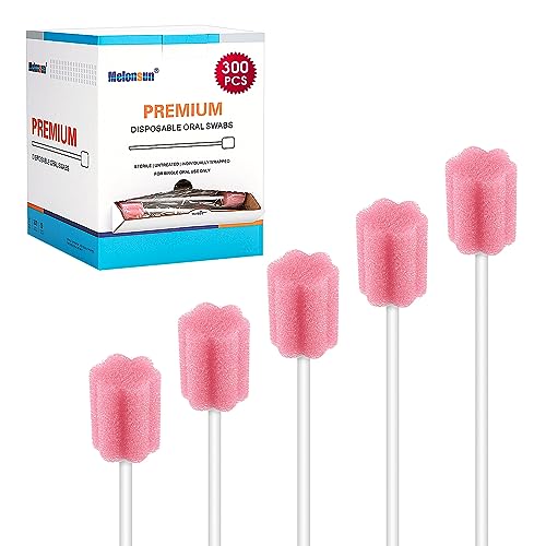 Melonsun 300 Pcs Oral Swabs Disposable - Longer Unflavored & Sterile Dental Sponge Swabsticks - Individually Wrapped, Medical Grade, Latex-Free for Oral Care & Mouth Cleaning (Pink 300)