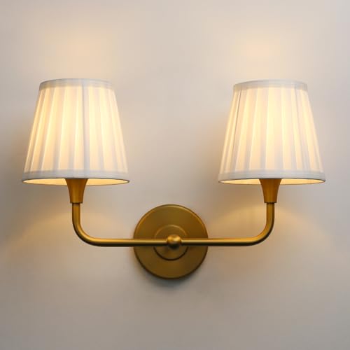 Yosoan 2-Light Brass White Pleated Fabric Shade Wall Sconce, White Pleated Cup Funnel Shade, Vanity Vintage Industrial Hardwired Indoor Boho Gold Wall Mounted for Kitchen Fireplace Staircase(Antique)