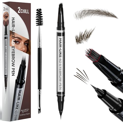 2CHILL 2-in-1 Eyebrow Pen for Women Microblading 4D Eyebrow Pencil with Hair-Like Brush Tip Waterproof Long Lasting Natural Brow Makeup Dual-Ended Eyebrow Brush & Eyeliner Function (Dark Brown)