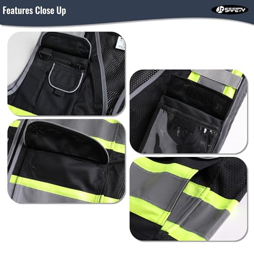 Image of JKSafety 11 Pockets Hi-Vis Black Mesh Safety Vest for Men Women High Visibility Reflective Construction with Zipper Work Utility PPE Work Gear ANSI /ISEA compliant (102-Black 4XL)