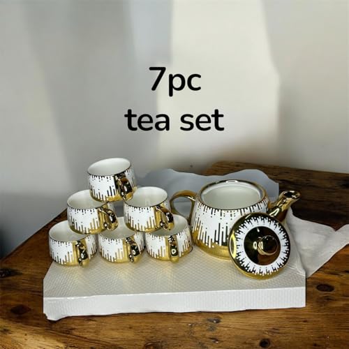 Image of DEEDECOREWAVE-Porcelain Tea Set with Gold Trim, White with Floral Pattern, 6 Cups with Teapot, Decorative Design|Gifting with Golden Color (Golden Drop Strip)