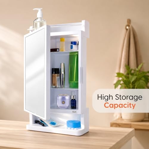 Image of CIPLA PLAST Rich Look Plastic Wall-Mounted Bathroom Mirror Cabinet with Storage Shelves, Single Door, Bathroom Mirror Cabinet with Towel Holder (White)