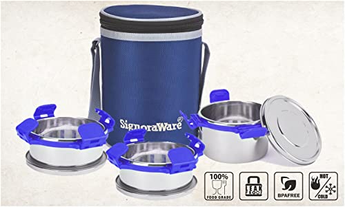 Image of Signoraware All Executive Stainless Steel Big Lunch Box with Bag | Airtight & Leakproof | Lightweght | Ideal for Picnic & Outdoors | Preserve Freshness | Compact Design (500ml + 350mlx2 | Violet)