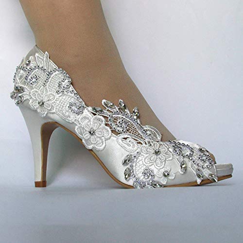 Handmade satin high heel shoes Lace shoes for woman Wedding shoes Bride High heels Open toe pearl Pumps fashion shoes Bride dress shoe Large3