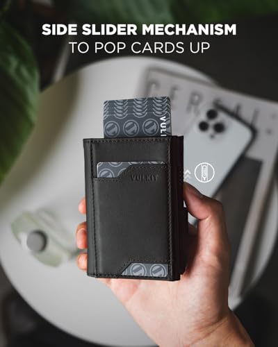 Image of VULKIT Airtag Wallet with Keyring Mens Pop up Credit Card Wallet with Air Tag Holder Trifold ID Window RFID Blocking, Top Grain Cowhide Black, Minimalist