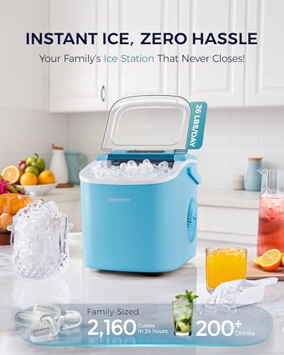 EUHOMY Countertop Ice Maker Machine with Handle, 26lbs Per Day, 9 Ice Cubes Ready in 6 Mins, Auto-Cleaning Portable Ice Maker with Basket and Scoop, for Home/Kitchen/Camping/RV (Blue)