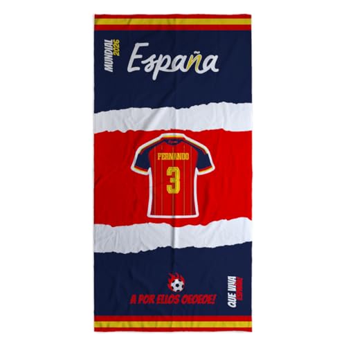 DEREGALOOS Toalla Personalizada Selección Española Mundial 2026. con Nombre y Número. Camiseta España. Regalo Original para Aficionados del Fútbol Español (1º Equipación   Roja, 70X140)