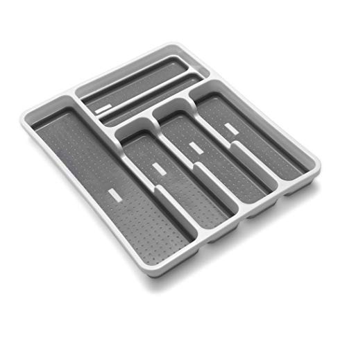 Addis Premium Soft touch 6 Compartment Cutlery Drawer Organiser Tray, White and Grey 6 Sections