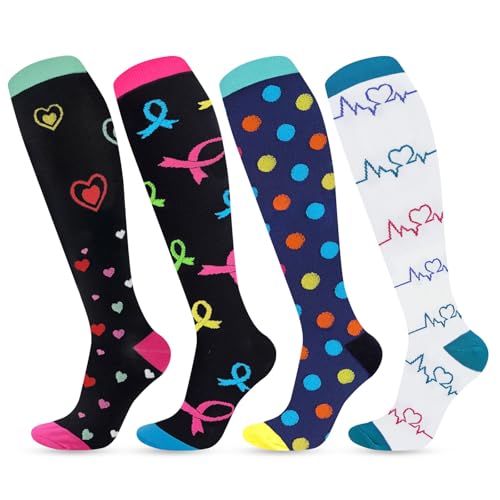 ZOCONE 4 Pares Calcetines Compresion Multicolor 20-30mmHg Calcetines de Compresión Hombre Elástico Calcetines Altos Mujer Calcetines Largos Medias de Compresion Socks para Deportes Enfermera Varices