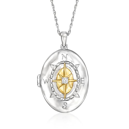 Ross-Simons Sterling Silver and 18kt Gold Over Sterling Compass Locket Necklace With Diamond Accent. 18 inches