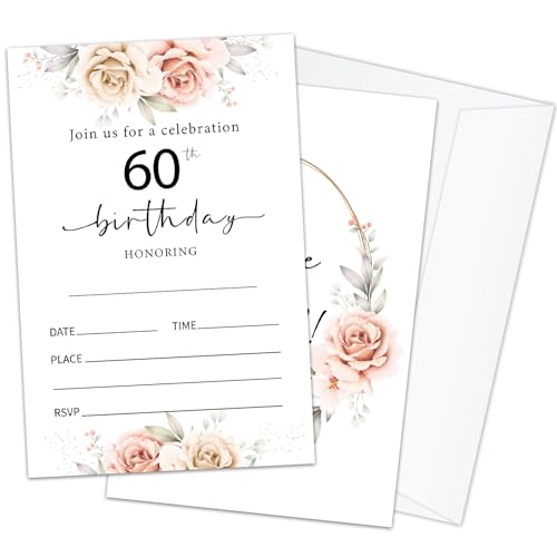 HQLOW 20PCS 60th Birthday Invitations for Women, Double-Sided invitation with Envelopes, Party Invitations Birthday Party Supplies -05