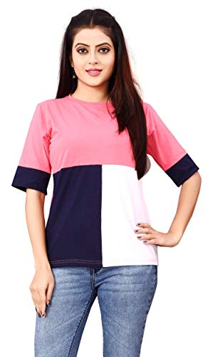 Image of DHRUVI TRENDZ Women's Regular Fit T-Shirt (2021 Turquoise & Pink & Mustard X-Large)
