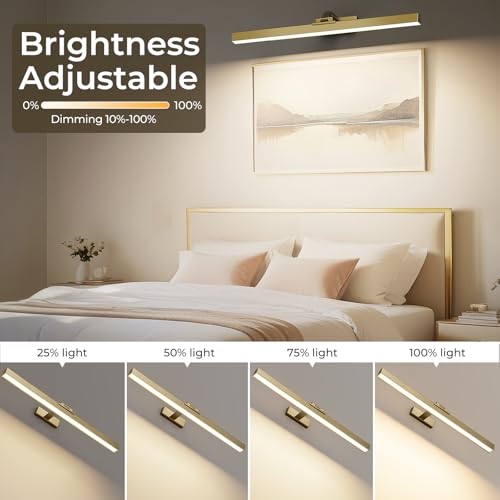 Image of Afyuol Picture Lights for Wall, Brushed Gold Battery Operated Picture Light 24in Art Light CCT Dimmable Recharging Battery Wall Light with Remote Control for Living Room Gallery