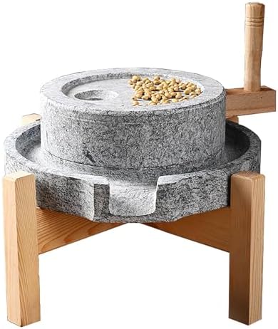 Natural Granite Stone Grain Mill - 25cm Manual Grinder with Wooden Stand for Home Use, Perfect for Grinding Wheat Flour, Spices, Coffee Beans, Barley, and Corn