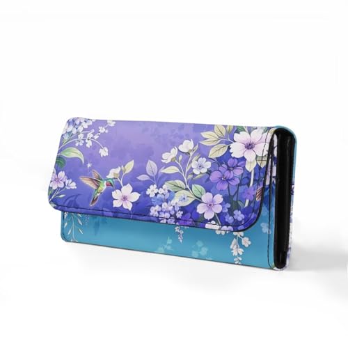Image of AFPANQZ Women's PU Leather Three Fold Wallet, Hummingbird Flower Gradient Long Trifold Clutch Purse, Credit Card Money Organizer with ID Window