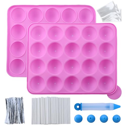 Lot de 105 moules à gâteaux en silicone avec 20 cavités – Moule à sucettes – avec 105 bâtonnets pour cake pops, enveloppes, Twist Ties argentés et crayon...