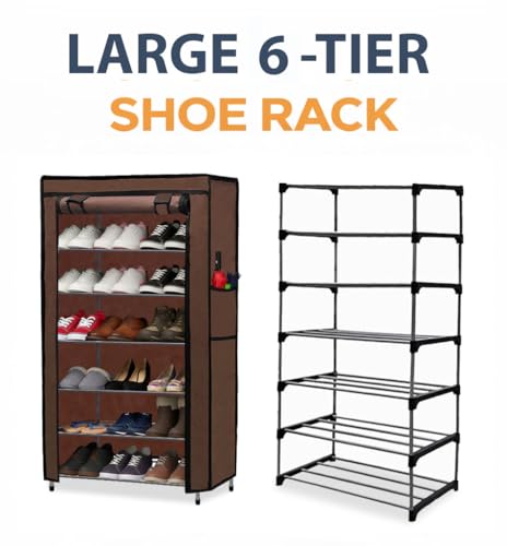 Image of Metal Shoe Stand with Cover, 6 Tier Shoe Organizer for Home & Office - Brown