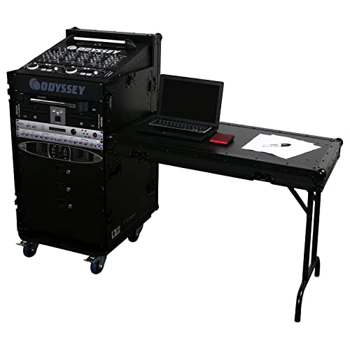 Odyssey FZ1116WDLXBL Black 11U Top Slanted 16U Vertical Pro Combo Rack with Side Table and Casters
