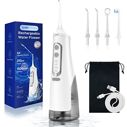Cordless-Water-Flosser-Teeth-Cleaner-Dental-Oral-Irrigator-Picks-Portable-and-Rechargeable-310ml-Water-Tank-IPX7-Water-Proof-for-Home-and-Travel-Infiwarden-White