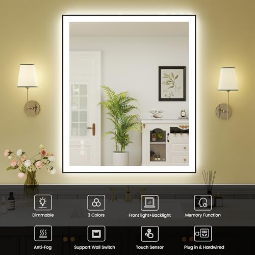 Image of WTTY 30 inchX36 inch LED Bathroom Mirror with Black Frame, Bathroom Vanity Mirror with Lights for Wall, Front Light and Backlit, Anti-Fog, Dimmable, 3 Colors, Shatterproof, Memory, Horizontal /Vertical
