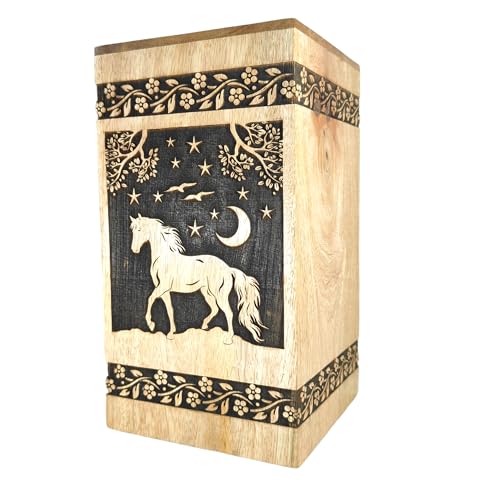 Generic Handcrafted Mango wood Personalized Cremation Urn Horse Design with Floral Border Wooden Urn Box for Human Funeral Ashes (11 x 6 x 6 inches 250 lbs)
