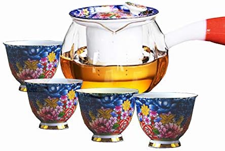 FORLONG FL5012 Vintage Chinese Style Porcelain Handmade Kung Fu Tea Set of 5, Heat Resistant Glass Transparent Pumpkin Side Handle Teapot with Removable Infuser, Tea Cups