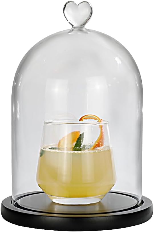 Smoking Cloche For Food Drinks With Wood Base, Cocktails Smoke Infuser Accessory, Glass Dome for Smoker Gun, Clear dome cover