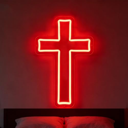 Image of Cross Neon Sign Led Jesus Cross Wall Decor USB Powered Red Cross Neon Lights for Home Bedroom Christmas Easter Christening Day Religious Events Church Room Decor