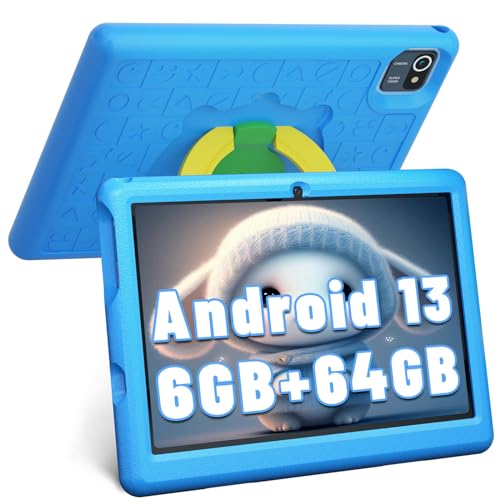 Hakaug Kids Tablet Android 13 10-inch Quad Core Kids Tablet 6 RAM 64GB ROM HD 1280x800 IPS Screen Kids Tablets with Dual Camera WiFi Bluetooth(Blue)