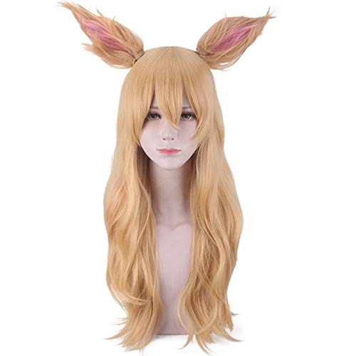 K/DA Ahri Women Golden Long Curly Wig With Ear Cosplay Costume KDA Heat Resistant Synthetic Hair Party Performance Wigs