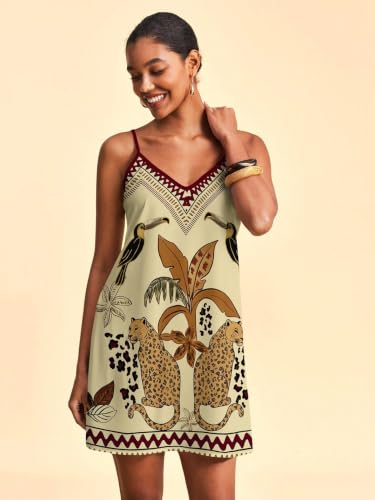 Image of RoseSeek Women's Summer Boho Floral Tropical Mini Dresses V Neck Spaghetti Strap Flowy Beach Vacation Sundress 2026