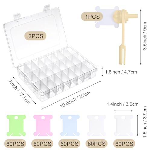 2 Pack Embroidery Floss Organizer with 24-Grid Detachable Boxes, Embroidery Thread Storage Set Includes 1 Winders, 300 Bobbins & 2 Number Stickers for Crafting