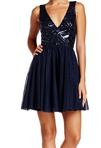 Trixxi Junior's Sequin Mesh Short Prom Dress, Navy, 3