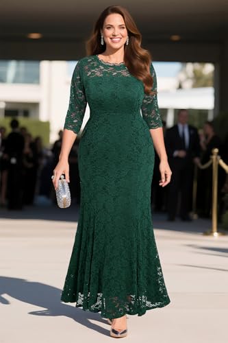 Image of Pinup Fashion Plus Size Formal Dress Women Wedding Lace Evening Gowns | Elegant lace mermaid evening gown, sheer 3 /4 sleeves, ideal for mother of the bride, prom, wedding guest