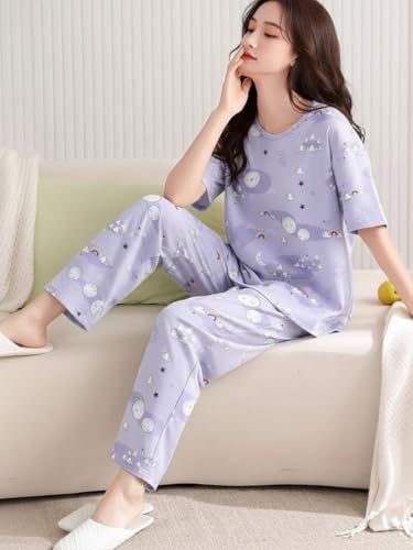 Image of Women's Korean Style Night Suit Set | Cotton Half Sleeve Top & Pyjama Set | Round Neck Printed Nightsuit | Comfortable Nightwear & Loungewear for Women | Sleepwear Pjs Lounge Set |Co-ords Outfit