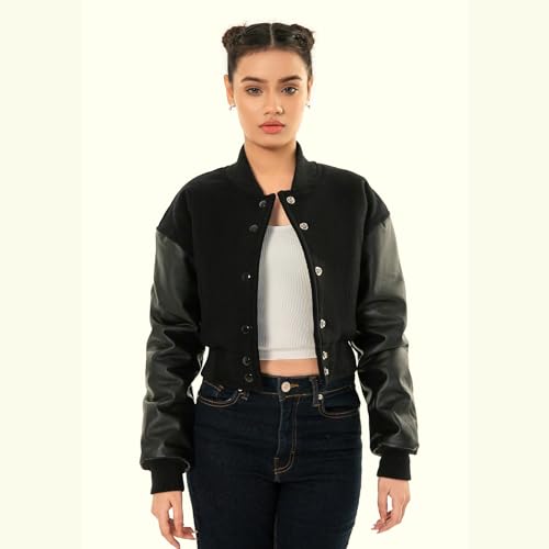 Cropped Jacket Varsity Letterman Crop Jackets for Women Wool Body Leather Sleeves Full Wool/Leather/Sublimated Jacket3