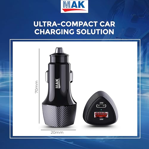 Image of MAK Dual Port 51W Car Charger with 33W USB-C PD & 18W QC 3.0 Fast Charging, Compact Car Mobile Charger for iPhone, Android & Tablets (Black).