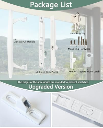 Image of Patio Sliding Glass Door Handle Set, 6-5 /8 inch H.C., Fits 1 inch to 1-1 /8 inch Thick Doors, White Diecast, Features Lock & 2 Hook Latch & Keys, Flush